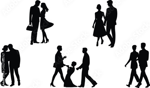 Silhouette of romantic couples walking, dancing, hugging, proposing, interacting, love moments, formal outfits on white background vector illustration

 flat vector illustration