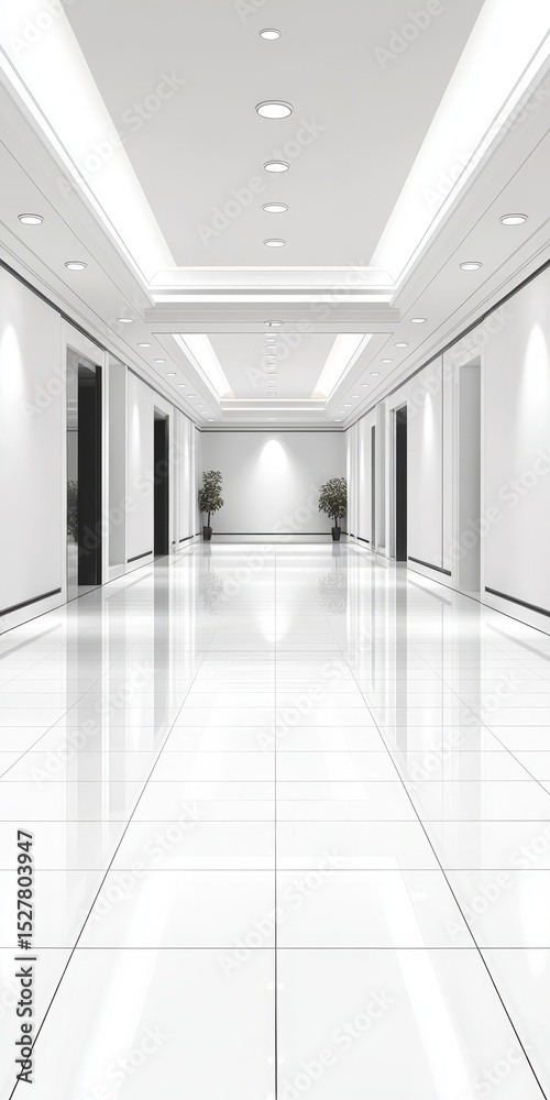 Obraz premium Minimalist Hallway Interior Design with Glossy Tiles, Ambient Lighting, and a Spacious Feel