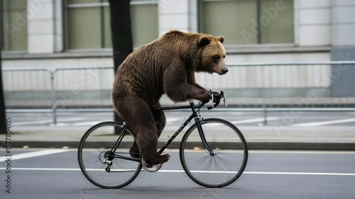 Bear riding a bicycle on city street during daytime  