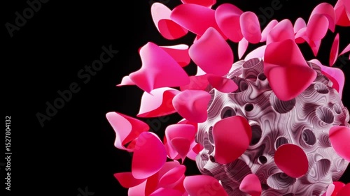 Looped 3D animation of a cratered, moon-like sphere with flowing surface texture, surrounded by soft petal forms pulsating outward in smooth waves. Symbolic blend of nature and matter, ideal for VJ