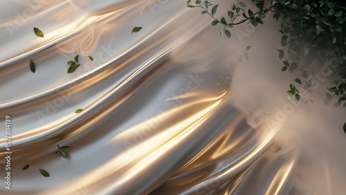 Elegant wavy satin fabric with greenery and soft smoke for artistic decoration