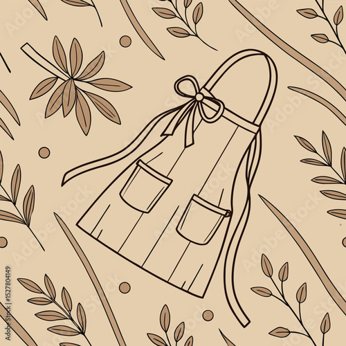 A simple apron surrounded by botanical sketches on a beige background