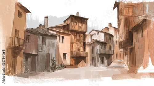 A serene depiction of a quaint European village street evoking a sense of timeless charm and quiet history with soft