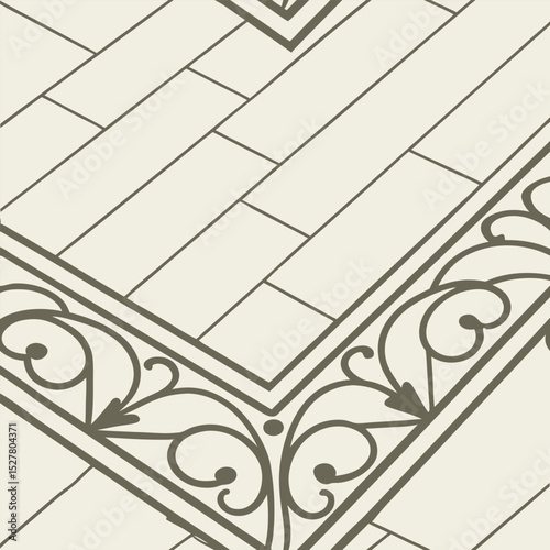 Ornate ironwork border on herringbone tile pattern