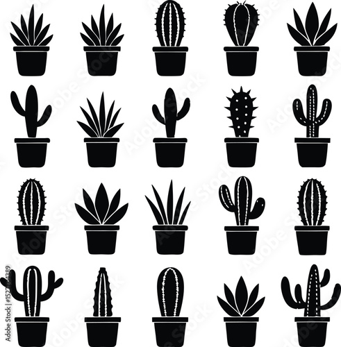 Collection of twenty four black silhouettes of cacti and succulents in pots