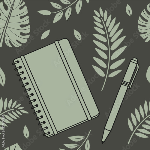 Sage green notebook and pen amidst a botanical pattern of ferns and leaves