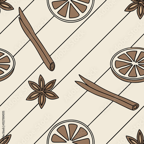 Cinnamon sticks, star anise, and dried orange slices scattered on a diagonally striped beige surface