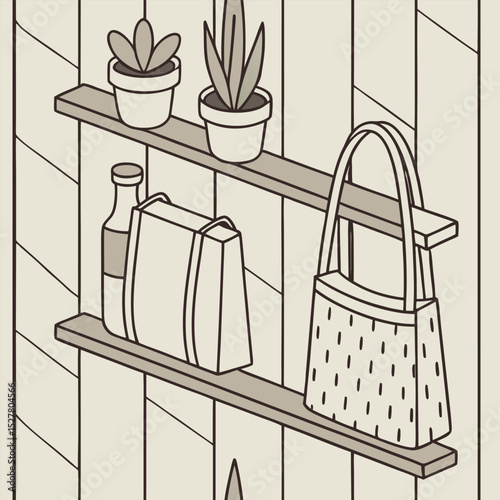 Potted plants and bags on wooden shelves against a paneled wall