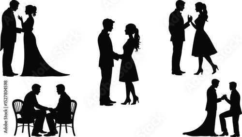Romantic Silhouettes: Dancing Couples, Proposal Moments, and Intimate Conversations in Black and White Art flat vector illustration