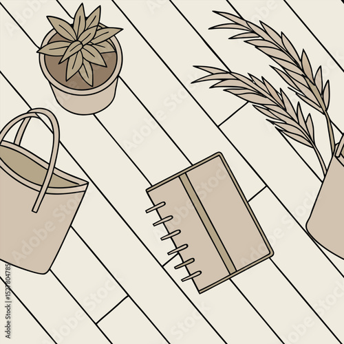 A beige tote bag, potted plant, notebook, and vase with wheat stalks arranged on a diagonallystriped wooden floor
