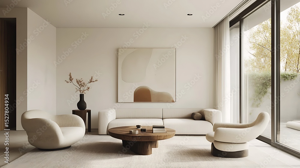 A modern, minimalist living room with neutral tones, featuring curved chairs, a wooden coffee table, abstract wall art, and large glass doors opening to an outdoor space. A modern, minimalist living room with neutral tones, featuring curved chairs, a wooden coffee table, abstract wall art, and large glass doors opening to an outdoor space.