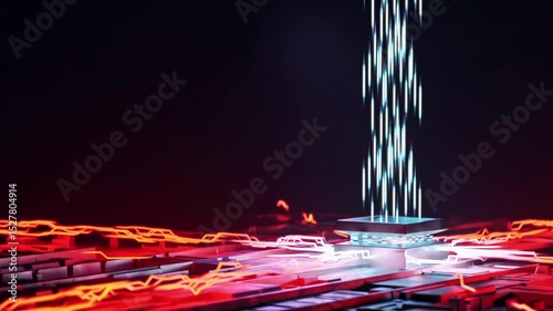 Visualize advanced technology through this dynamic and captivating imagery of data transmission, showcasing vibrant light trails combined with a uniquely sleek and futuristic design