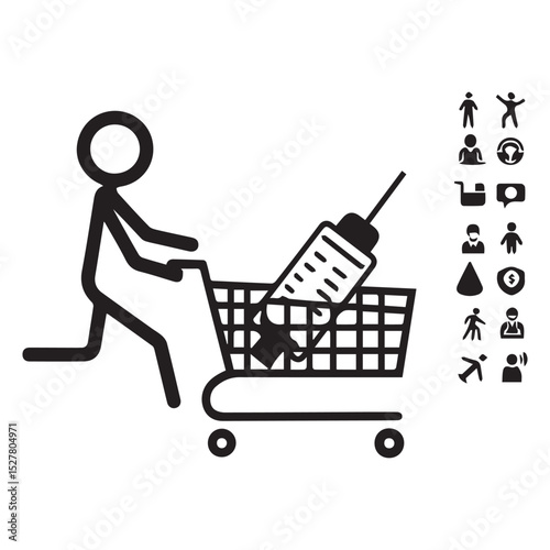 Stick figure pushing shopping cart with syringe inside