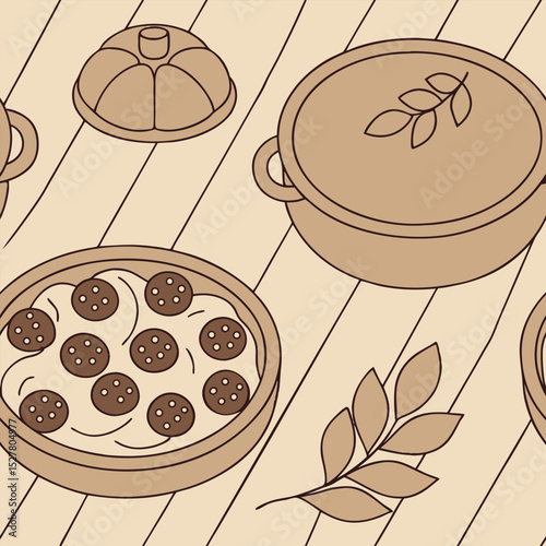 Sepiatoned assortment of rustic pottery dishes and molds on a striped wooden surface