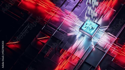 Seamless 3D animation of red and blue energy flows moving across a glowing circuit board and merging at a central chip. Abstract tech style with cyberpunk lighting and depth. Ideal for VJ loops, IT