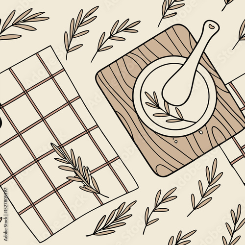 Mortar and pestle with rosemary sprigs on a wooden board, beside a checkered cloth, scattered across a cream background
