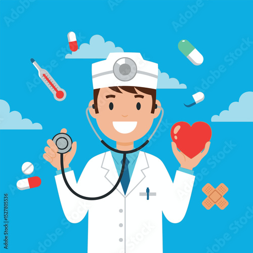 Simple Doctor with Stethoscope and Heart Illustration