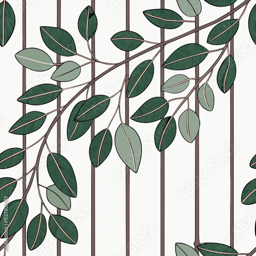 Verdant leaves dance across a backdrop of pale stripes, isolated on white background