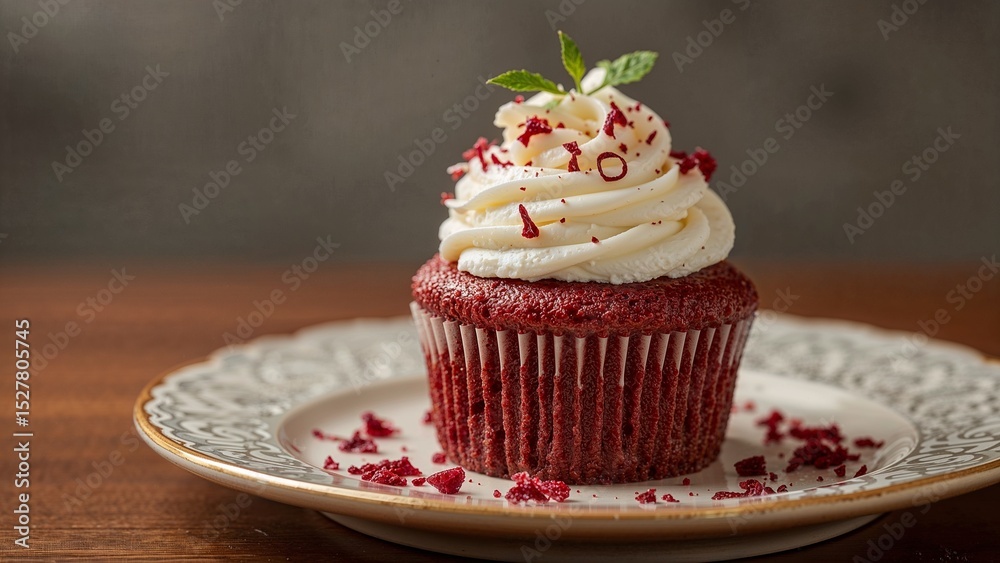 Close-up of a red velvet cupcake with white frosting. Close-up of a red velvet cupcake with white frosting.