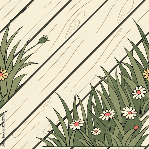 Daisies and grass flourish against a diagonallylaid wooden plank backdrop