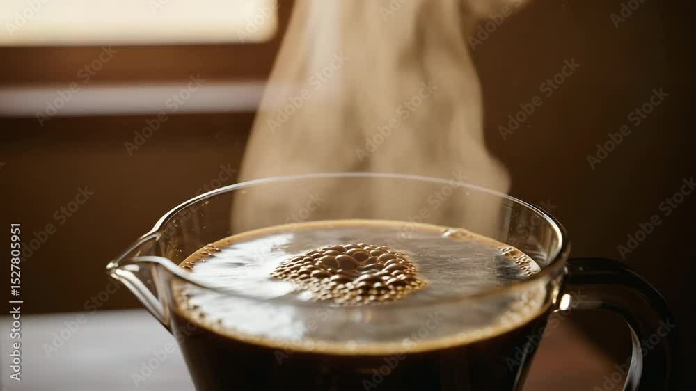 Freshly brewed coffee steaming in a glass French press  