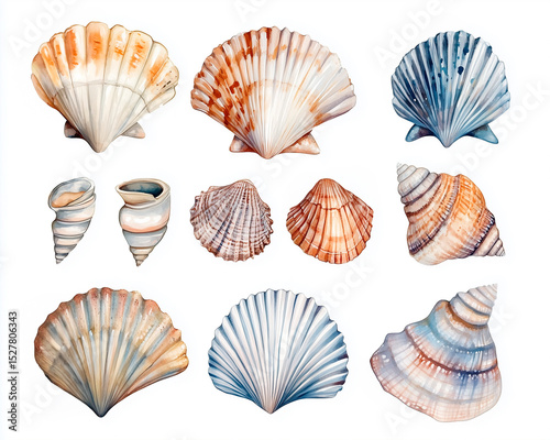 Watercolor ai-generared illustration of a Seashell Collection. Isolated on a white background