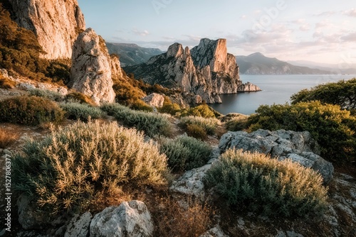 Majestic limestone cliffs bathed in golden light over a tranquil Mediterranean sea
