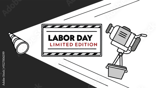A spotlight illuminates a labor day limited edition sign, isolated on white background, next to a vintage film camera and a dark, shadowed corner