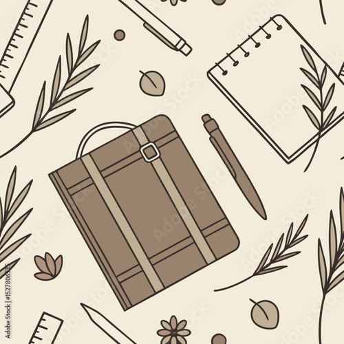 A brown satchel surrounded by stationery, including a ruler, pen, and notepad, scattered on a creamcolored surface