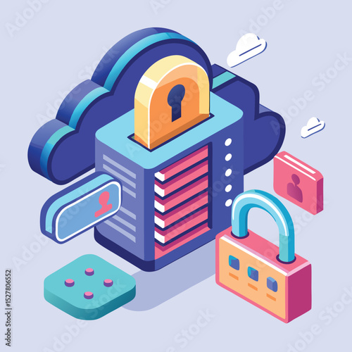 Giant Padlock Protecting Cloud Server Security Concept