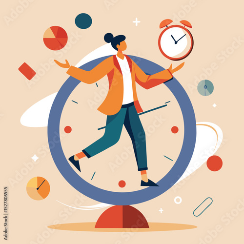 Person Balancing on Giant Clock Time Management Concept