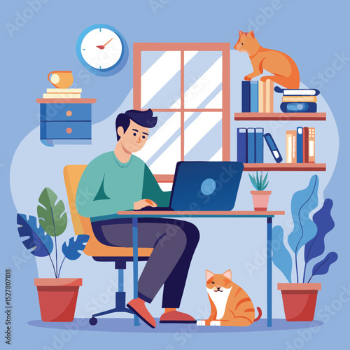 Man Working on a Laptop in a Cozy Home Office