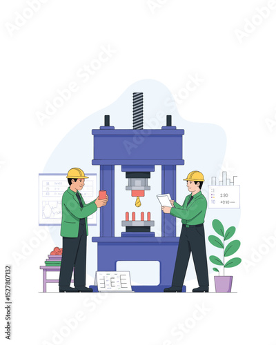 Industrial engineers inspecting a hydraulic press