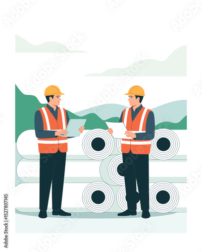 Construction workers inspecting material rolls