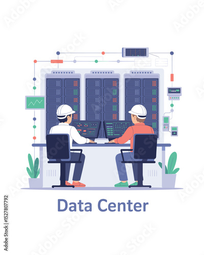 Data center technicians monitoring servers