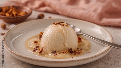 Creamy dessert sphere topped with crunchy brittle.
