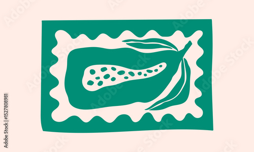 Stamp with papaya, hand drawn Amalfi coast summer doodle print. Beach, marine and Mediterranean vibes. Retro postcard clipart in coastal, naive, minimal design. Perfect for travel, fashion, and decor.
