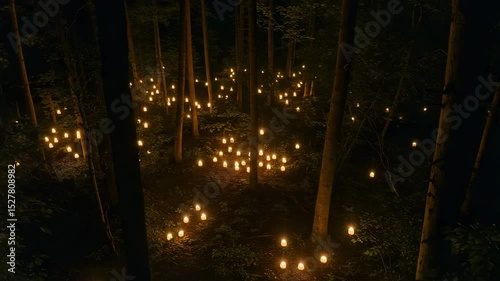 Candles illuminating dark forest during nighttime gathering  
