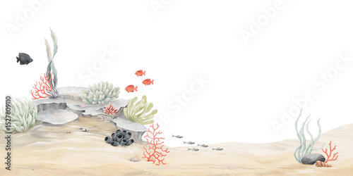 Seabed with coral reef, plants, sponge, red corals and small fishes. Watercolor panoramic illustration with underwater landscape for your design wallpapers, invitation cards or nature background.