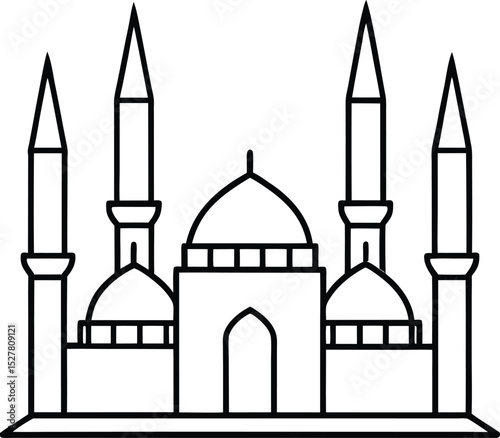 Turkish Mosque with Pencil Thin Minarets vector line art illustration