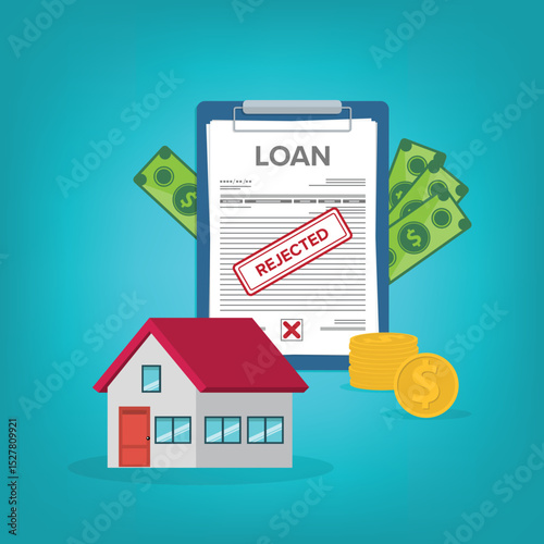 House bank credit rejected. Finance management. Loan agreement. Mortgage money credit. Loan disbursement, quick loan service, easy credit.	