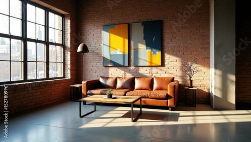 Sala de estar de un apartamento estilo industrial con paredes de ladrillo visto resistente que contrastan con un elegante piso de concreto