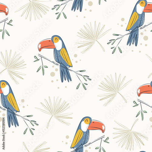 Seamless pattern with toucan bird and palm leaves line art vector illustration for apparel, textile, print, wrapping paper, clothing, background and others