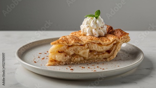 A slice of  pie with whipped cream and mint. photo