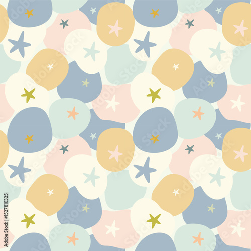 Seamless vector pattern with abstract round shapes and simple stars in pastel blue colors, suitable for children's design
