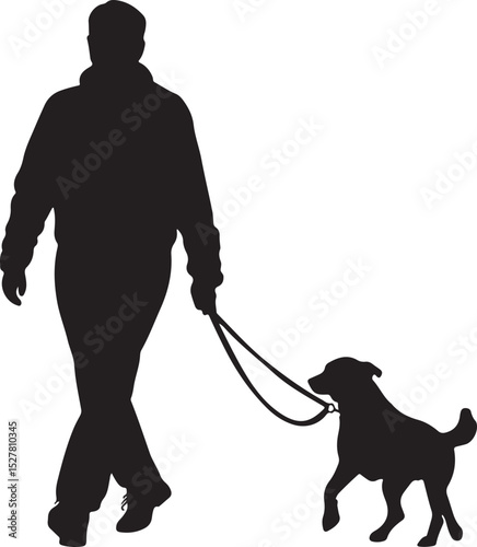 Man Walking a Dog on a Leash Silhouette Vector Illustration on Transparent Background