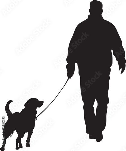 Man Walking a Dog on a Leash Silhouette Vector Illustration on Transparent Background