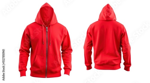 Bright red hooded sweatshirt with full zipper is featured in front and back views on white.