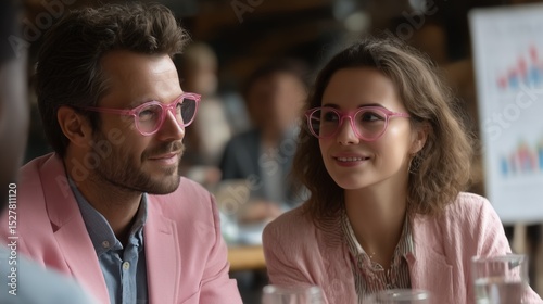 A focused man and woman, both wearing stylish pink-framed glasses, engage in a business discussion with colleagues. Their expressions suggest active listening and thoughtful interaction within a moder