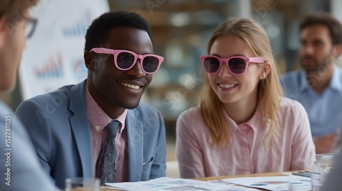 A focused man and woman, both wearing stylish pink-framed glasses, engage in a business discussion with colleagues. Their expressions suggest active listening and thoughtful interaction within a moder
